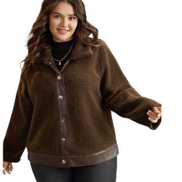 Bloomchic PU Leather Patchwork Metal Detail Brown Teddy Jacket Size 14/16 - Picture 5 of 15